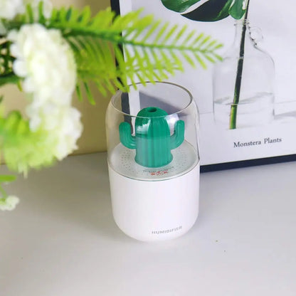 300ml Mini Cactus Humidifier with Night Light - USB Cool Mist for Bedroom