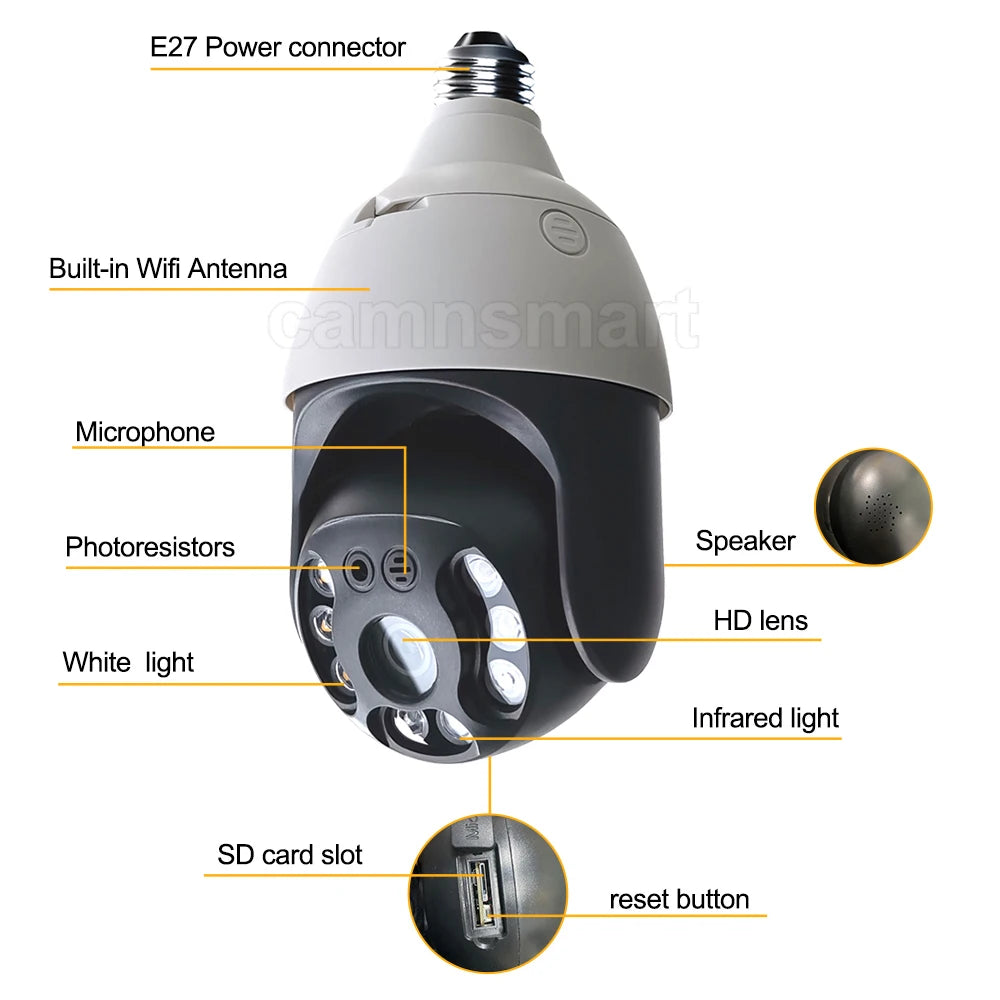 New 3MP E27 Bulb Lamp Camera Wifi PTZ Waterproof 4X Digital Zoom Easy Install Indoor Outdoor Home Security Ycc365plus