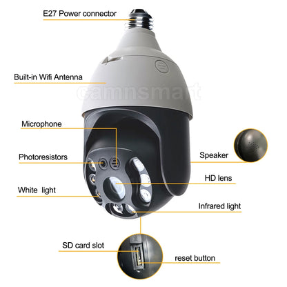 New 3MP E27 Bulb Lamp Camera Wifi PTZ Waterproof 4X Digital Zoom Easy Install Indoor Outdoor Home Security Ycc365plus