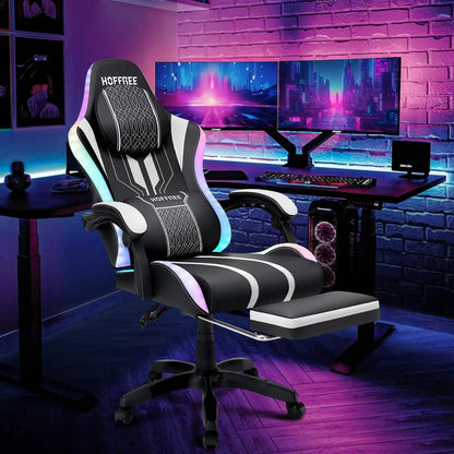 Gaming Chair Office Chair Ergonomic Bluetooth Speaker LED Lights Massage Adjustable Height Armrests Headrest Lumbar Support