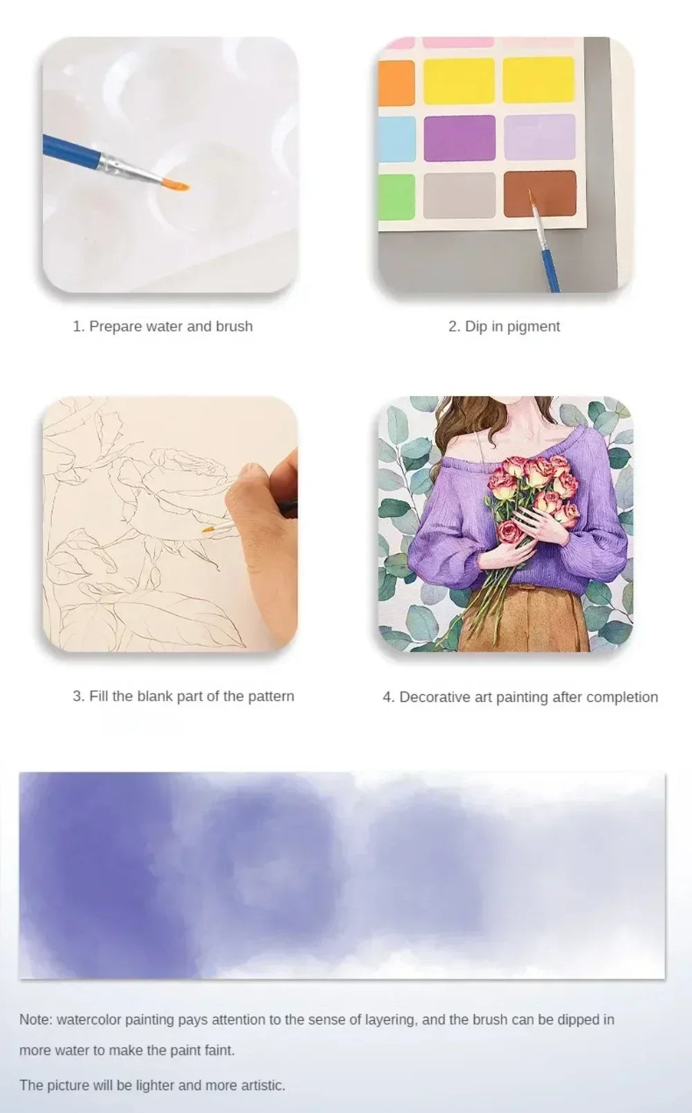 Portable Watercolor Painting Book 4 Sheets Coloring Book with Paint Brush Gouache Book Kids Graffiti Picture Drawing Stationery