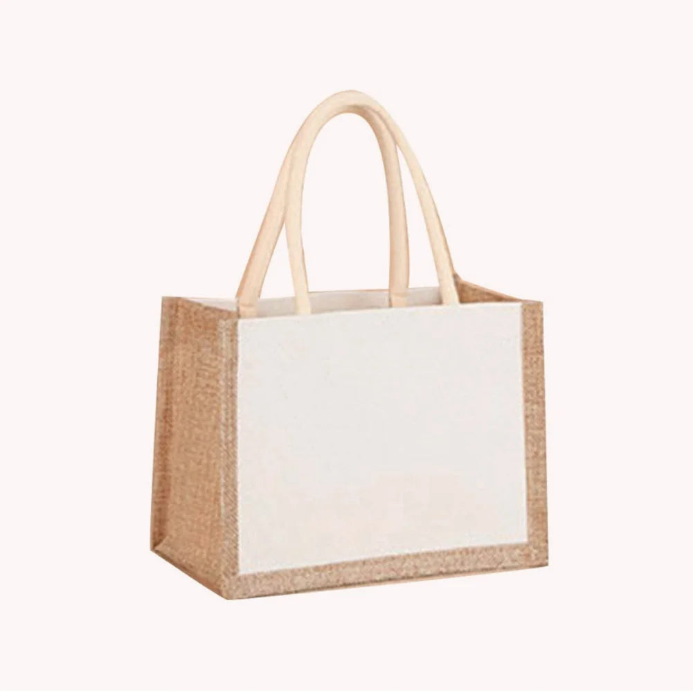 Women Burlap Jute Tote Bag Large Capacity Canvas Top-handle Jute Handbag Grocery Tote Handbag Casual Shopping Bag Gift Bag