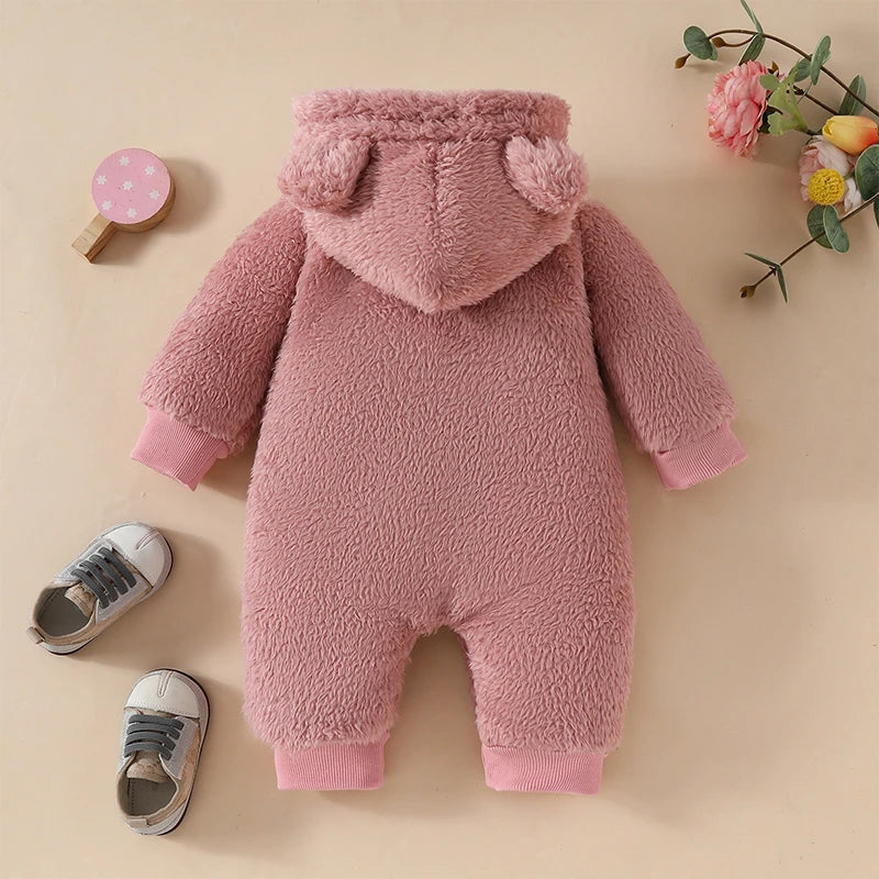 Cute Baby Boys Hooded Bear Romper with Ears and Tail Warm Fleece Jumpsuit for Infant Toddler Winter Outfit Fashion Wear