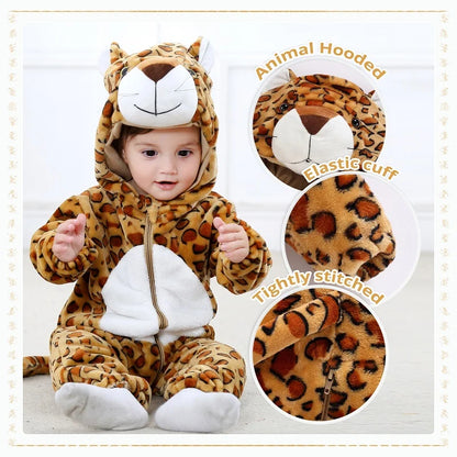 MICHLEY Halloween Baby Rompers Winter Clothes Costume Cow Flannel Hooded Bodysuits Pajamas Animals Overall Jumpsuit For Kids