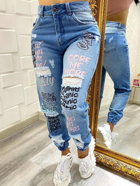 Letter Print Ripped Casual Jeans