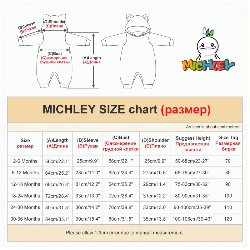 MICHLEY Halloween Baby Rompers Winter Clothes Costume Cow Flannel Hooded Bodysuits Pajamas Animals Overall Jumpsuit For Kids