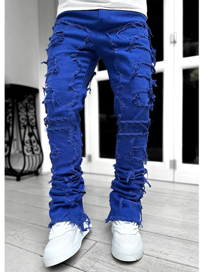 Distressed Patchwork Slim Fit Jeans