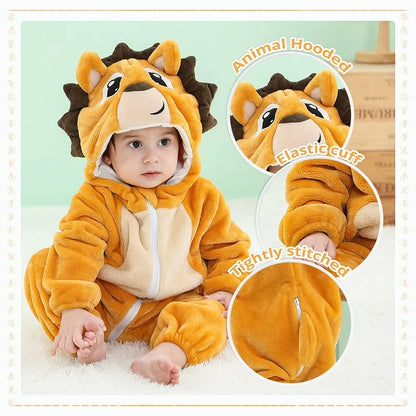 MICHLEY Halloween Baby Rompers Winter Clothes Costume Cow Flannel Hooded Bodysuits Pajamas Animals Overall Jumpsuit For Kids