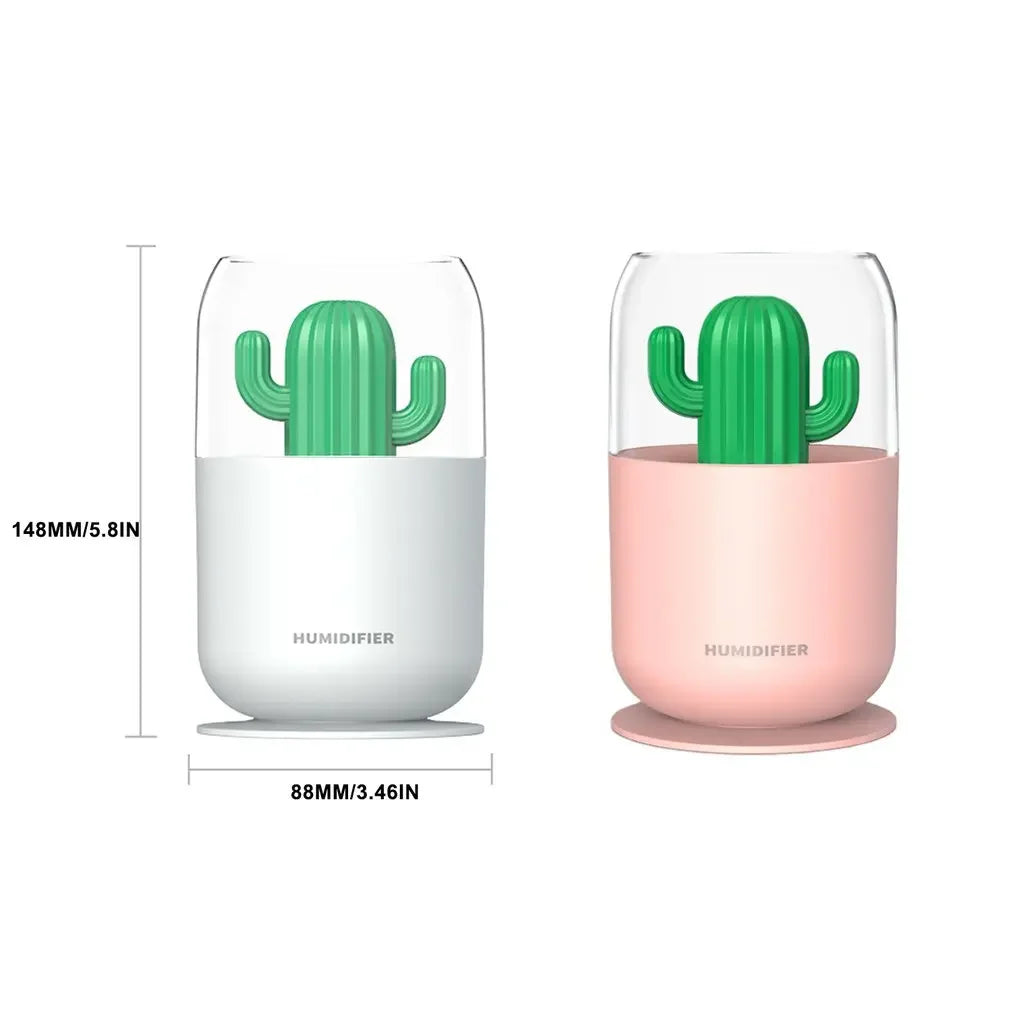 300ml Mini Cactus Humidifier with Night Light - USB Cool Mist for Bedroom