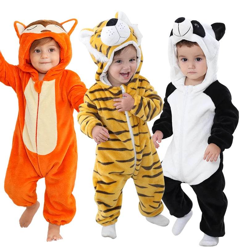 MICHLEY Halloween Baby Rompers Winter Clothes Costume Cow Flannel Hooded Bodysuits Pajamas Animals Overall Jumpsuit For Kids