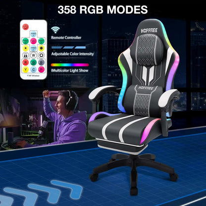 Gaming Chair Office Chair Ergonomic Bluetooth Speaker LED Lights Massage Adjustable Height Armrests Headrest Lumbar Support