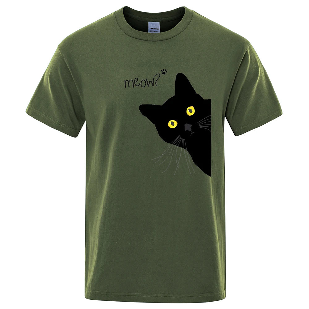 Meow Black Cat Print T-Shirt