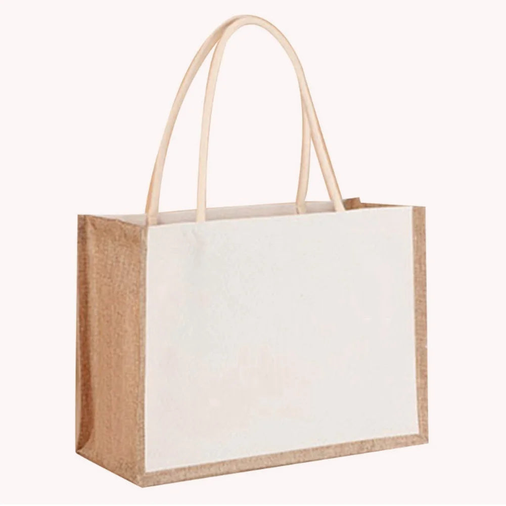 Women Burlap Jute Tote Bag Large Capacity Canvas Top-handle Jute Handbag Grocery Tote Handbag Casual Shopping Bag Gift Bag