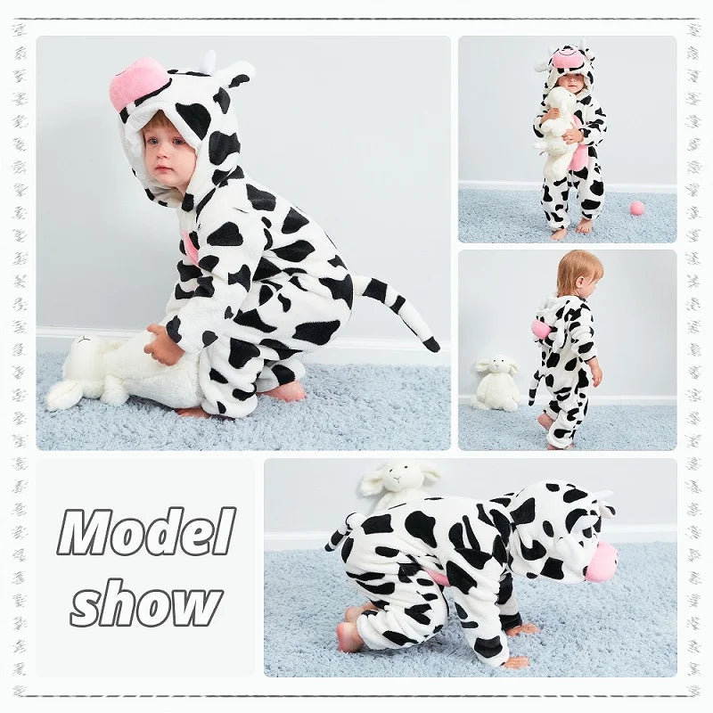 MICHLEY Halloween Baby Rompers Winter Clothes Costume Cow Flannel Hooded Bodysuits Pajamas Animals Overall Jumpsuit For Kids