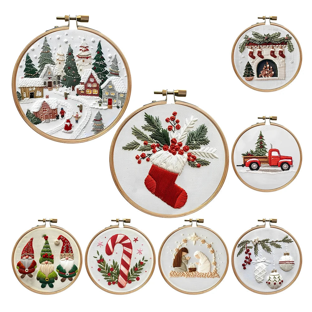 Christmas DIY Embroidery Kit Wreath Handmade Sewing Art Craft Beginners Needlework Printed Pattern Cross Stitch Set Xmas Gift