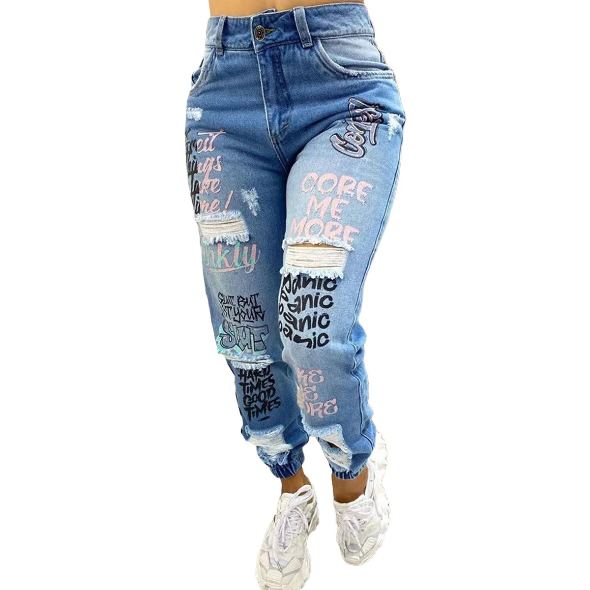 Letter Print Ripped Casual Jeans