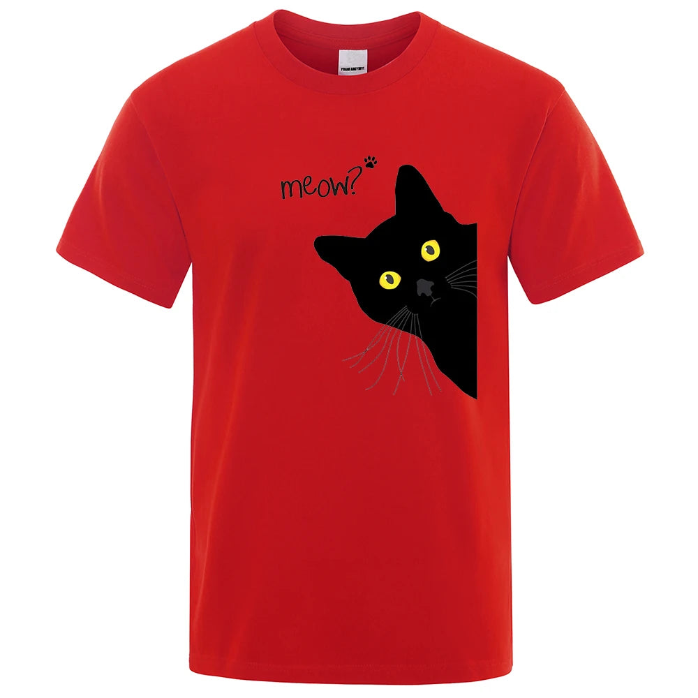 Meow Black Cat Print T-Shirt