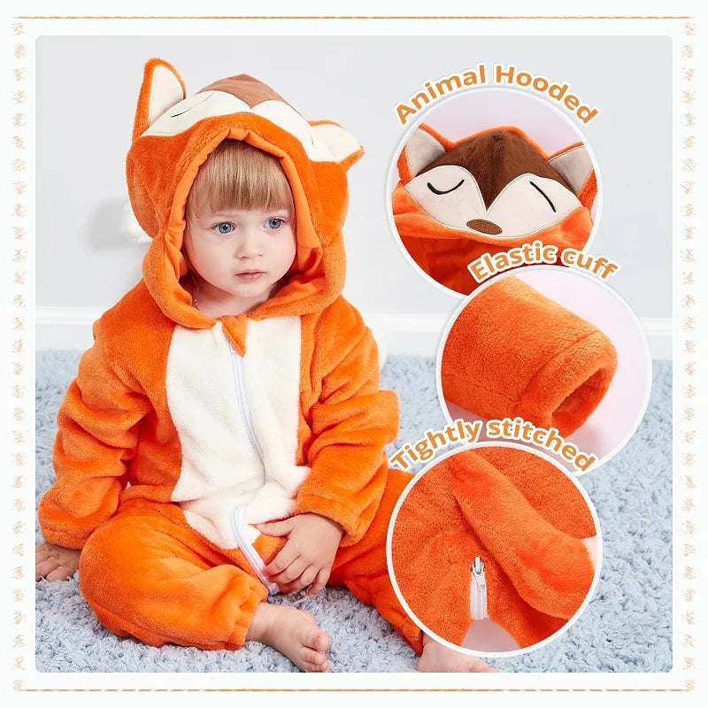 MICHLEY Halloween Baby Rompers Winter Clothes Costume Cow Flannel Hooded Bodysuits Pajamas Animals Overall Jumpsuit For Kids