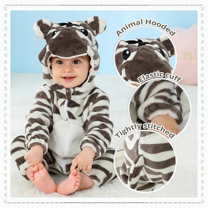 MICHLEY Halloween Baby Rompers Winter Clothes Costume Cow Flannel Hooded Bodysuits Pajamas Animals Overall Jumpsuit For Kids