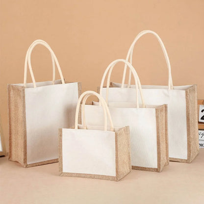 Women Burlap Jute Tote Bag Large Capacity Canvas Top-handle Jute Handbag Grocery Tote Handbag Casual Shopping Bag Gift Bag