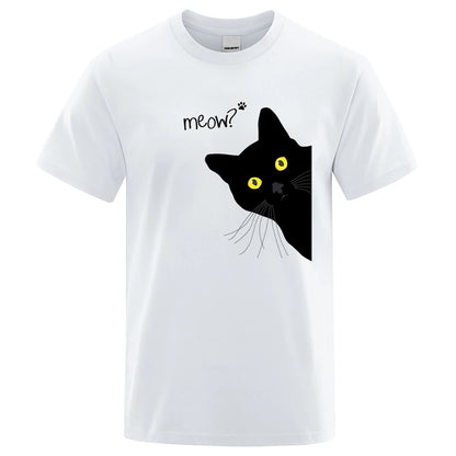 Meow Black Cat Print T-Shirt