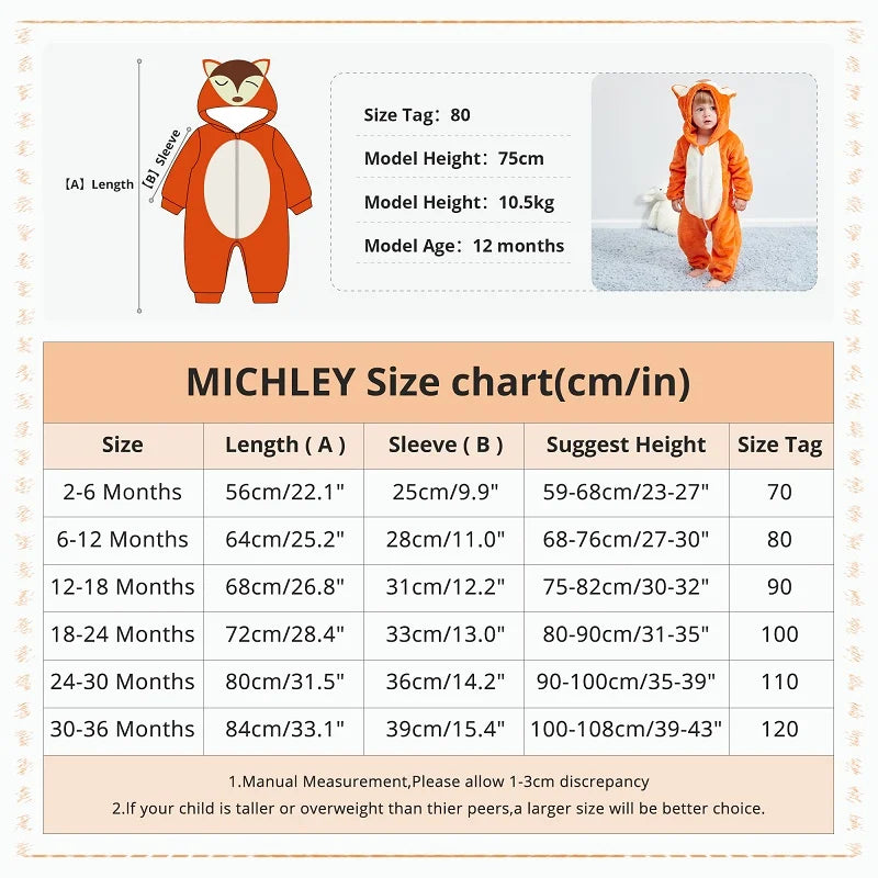 MICHLEY Halloween Baby Rompers Winter Clothes Costume Cow Flannel Hooded Bodysuits Pajamas Animals Overall Jumpsuit For Kids