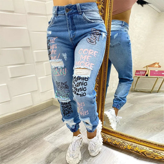 Ankle-Length Printed Denim Jeans