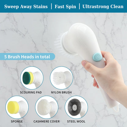 Electric Spin Scrubber Cordless Power Cleaning Brush with 5 Replaceable Brush Heads Rechargeable Scrubber for Kitchen