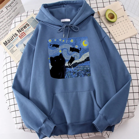 Starry Cat Night Print Hoodie