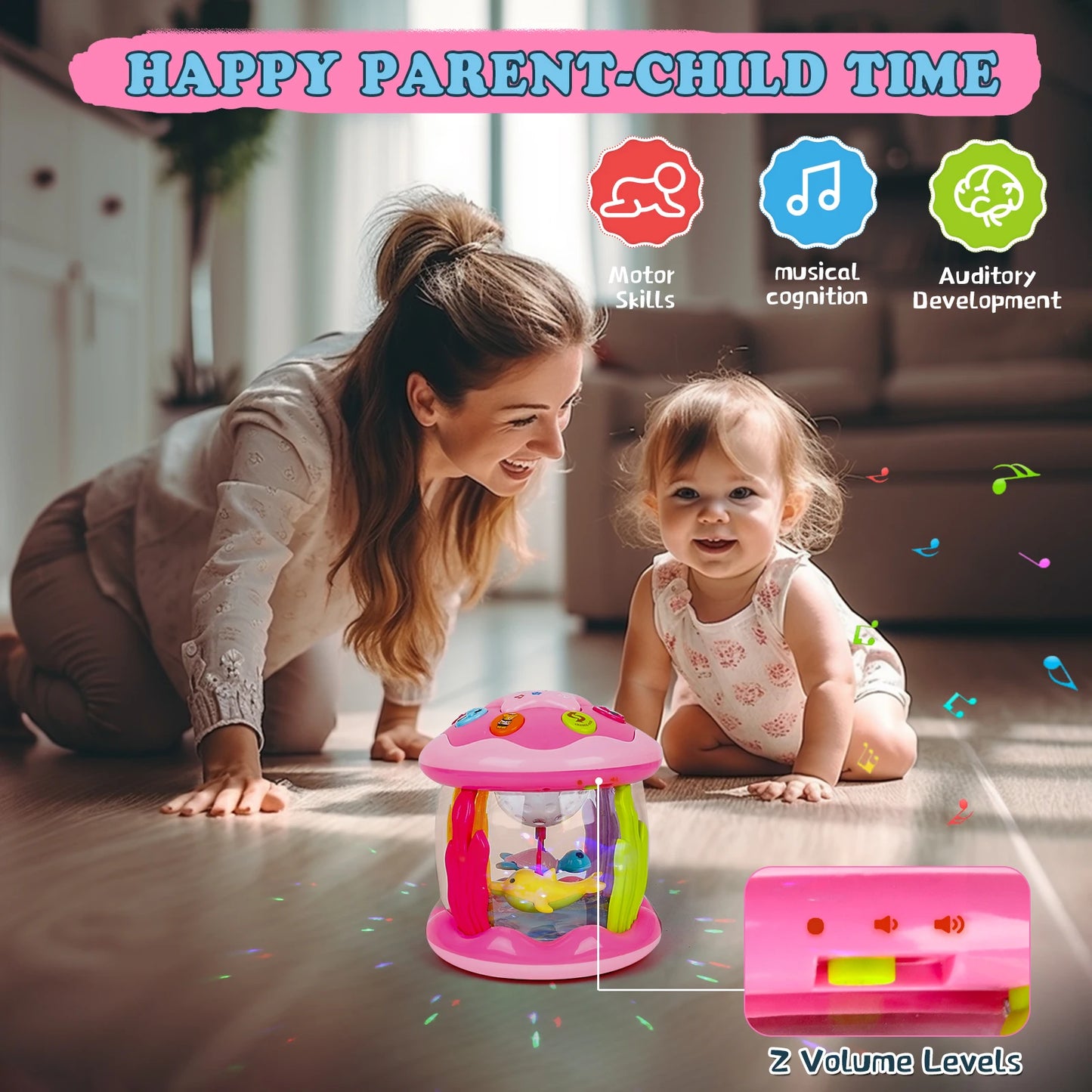 Baby Toys 6 to 12 Months Educational Learning Toys Rotating Ocean Projector Drum with Melodies Musical Light up Toys for Toddler