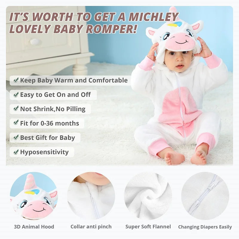 MICHLEY Halloween Baby Rompers Winter Clothes Costume Cow Flannel Hooded Bodysuits Pajamas Animals Overall Jumpsuit For Kids