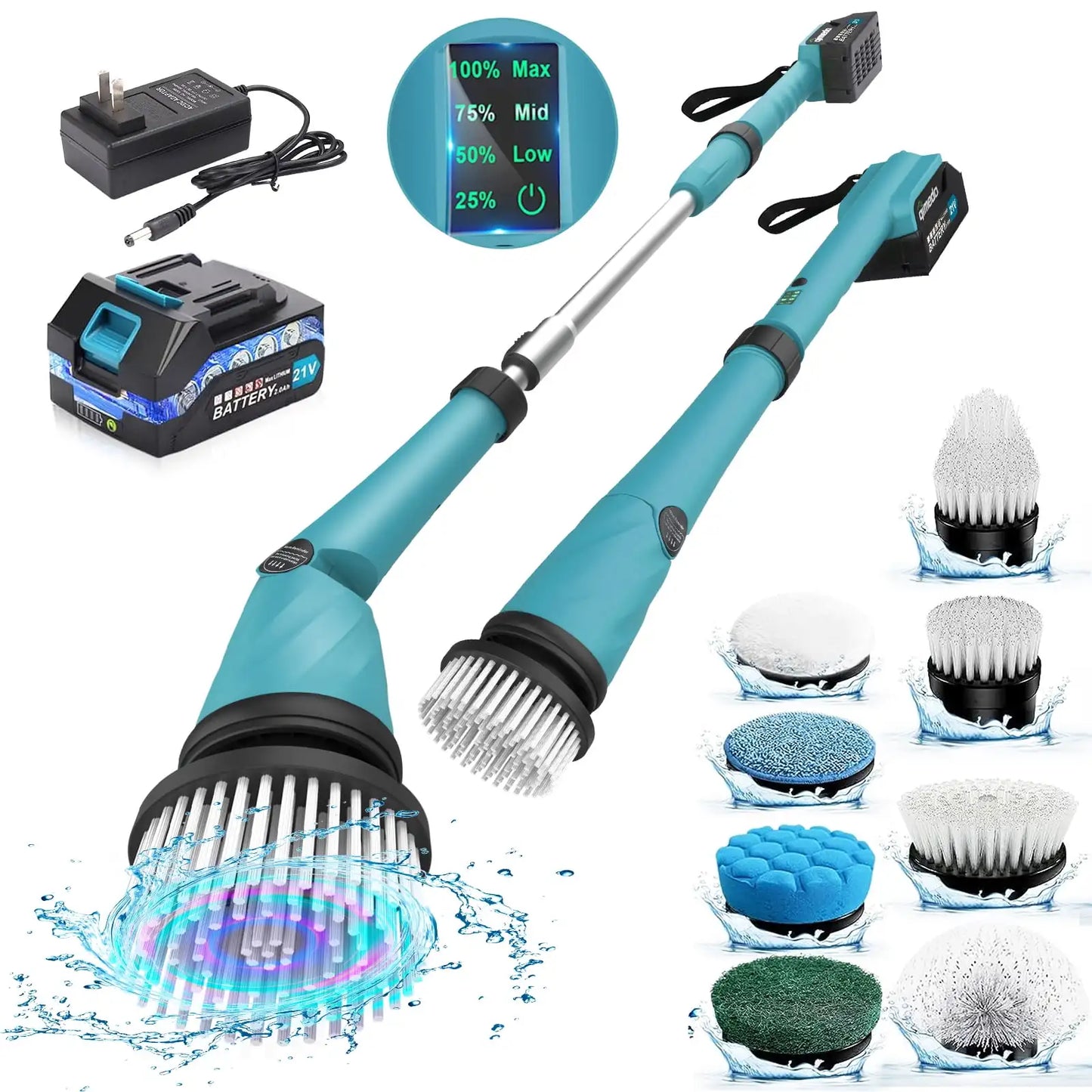 Electric Spin Scrubber 21V Cordless Cleaning Brush 1200RPM with Adjustable Extension Arm 8 Replaceable Cleaning Heads for Home