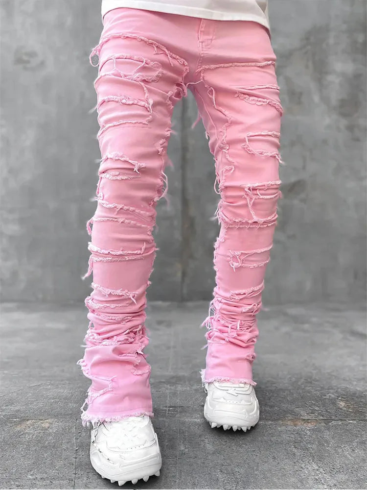 Distressed Patchwork Slim Fit Jeans