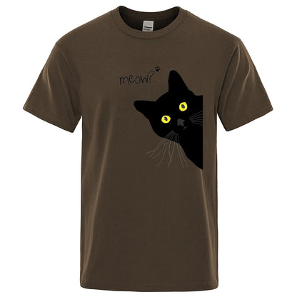 Meow Black Cat Print T-Shirt