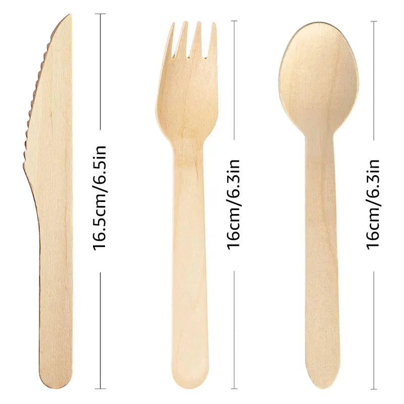 Disposable Dinnerware Set, 6-Inch Biodegradable Wooden Spoon Fork Knife, Utensils Set for Party