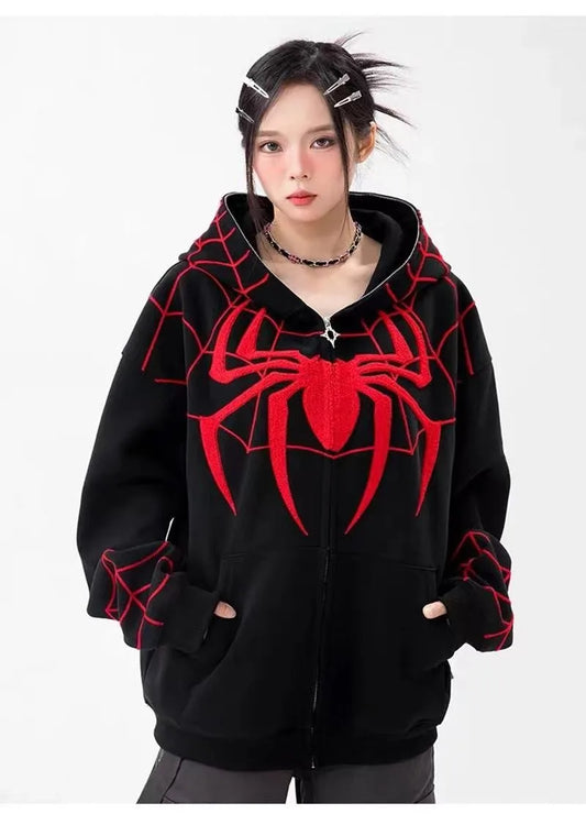 Gothic Y2K Spider Embroidery Hoodie