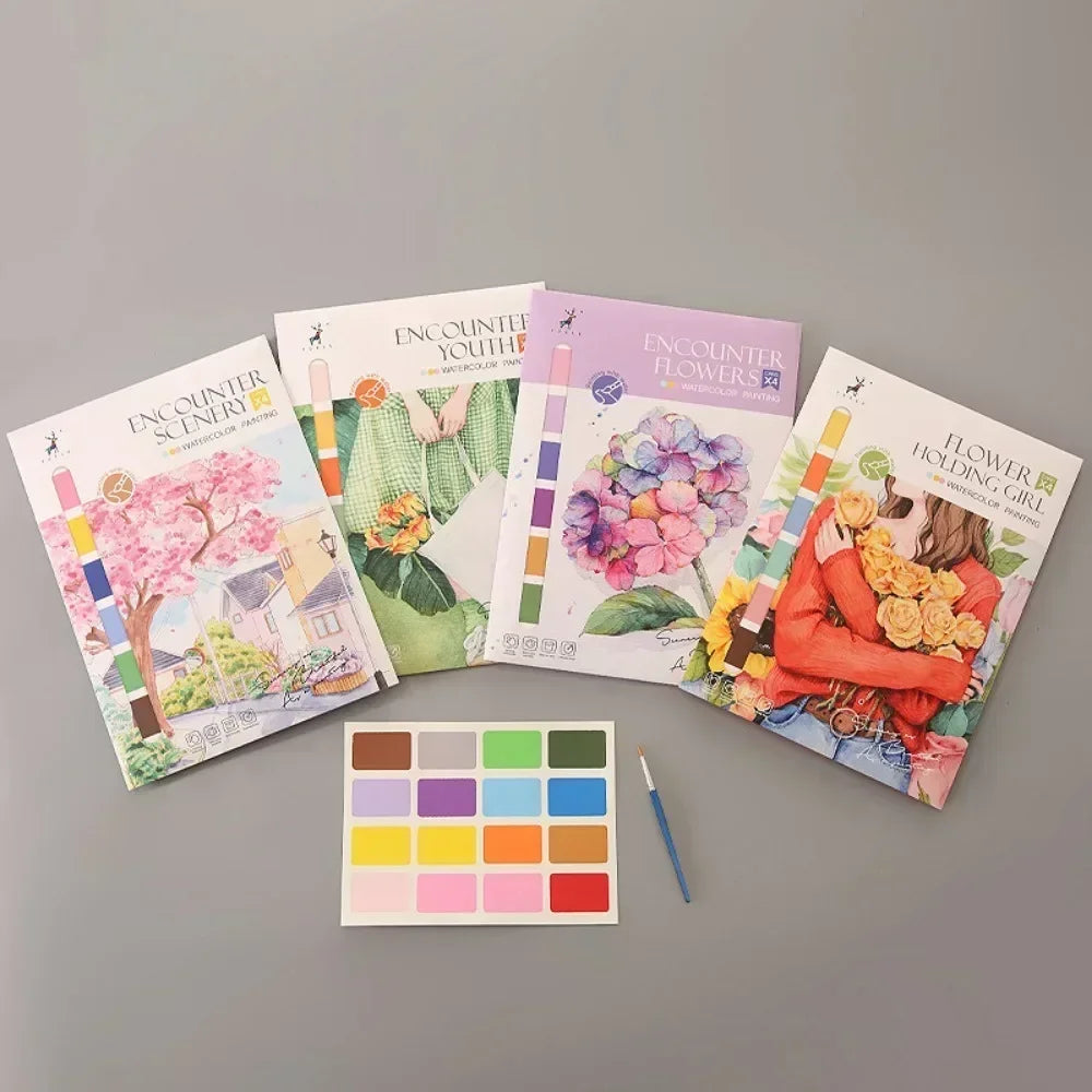 Portable Watercolor Painting Book 4 Sheets Coloring Book with Paint Brush Gouache Book Kids Graffiti Picture Drawing Stationery