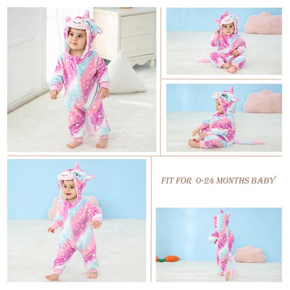 MICHLEY Halloween Baby Rompers Winter Clothes Costume Cow Flannel Hooded Bodysuits Pajamas Animals Overall Jumpsuit For Kids