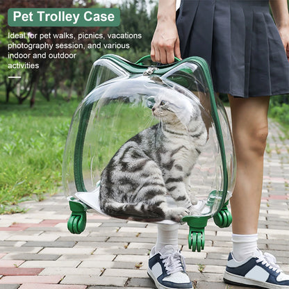 Cat Carrier with Wheels Transparent Pet Trolley Case Telescopic Rod Spacious Breathable Pet Trolley for Hiking Travel