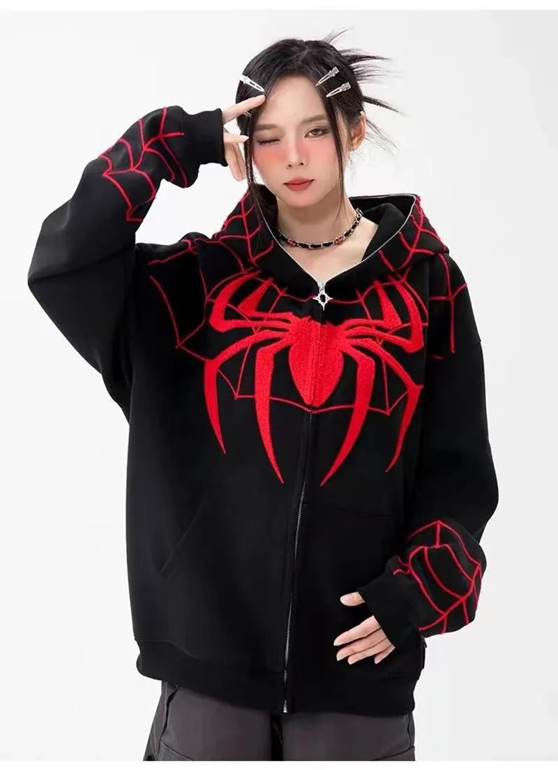 Gothic Y2K Spider Embroidery Hoodie