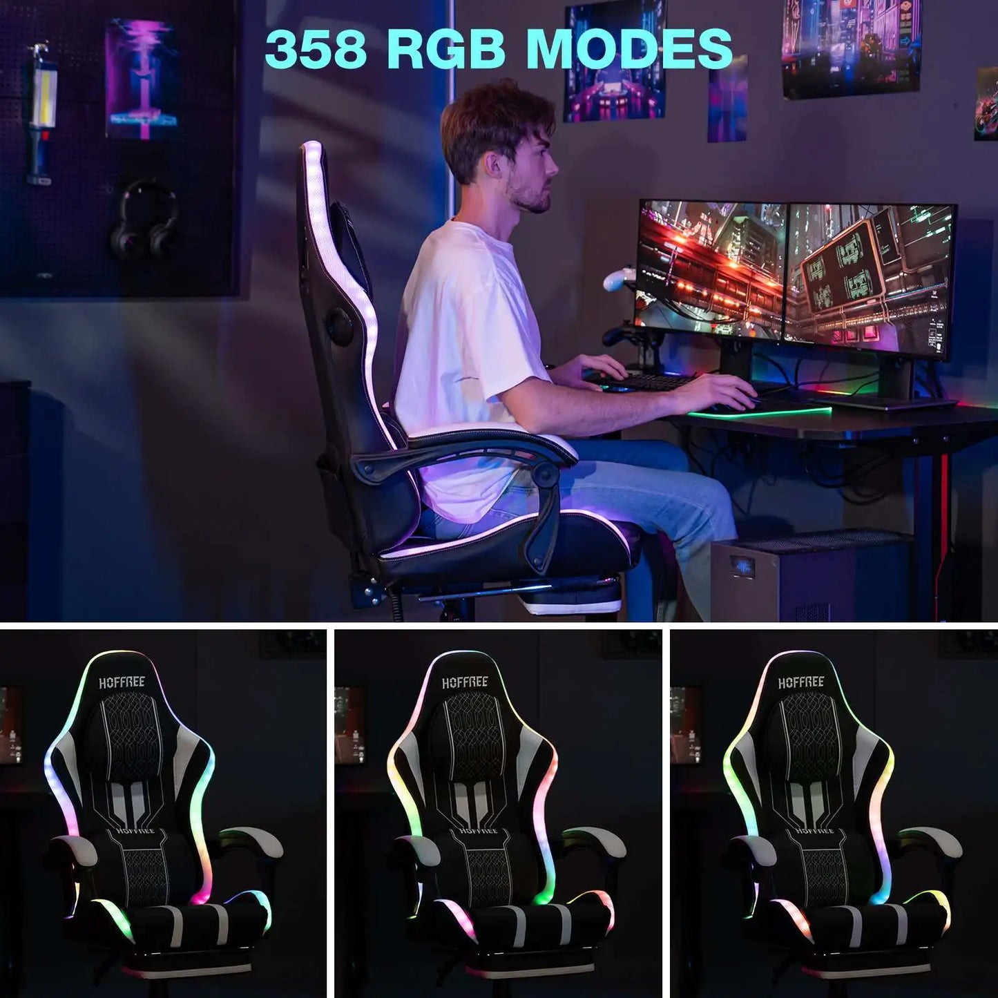 Gaming Chair Office Chair Ergonomic Bluetooth Speaker LED Lights Massage Adjustable Height Armrests Headrest Lumbar Support