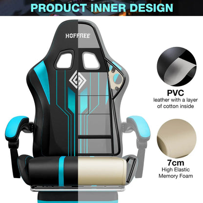 Gaming Chair Office Chair Ergonomic Bluetooth Speaker LED Lights Massage Adjustable Height Armrests Headrest Lumbar Support