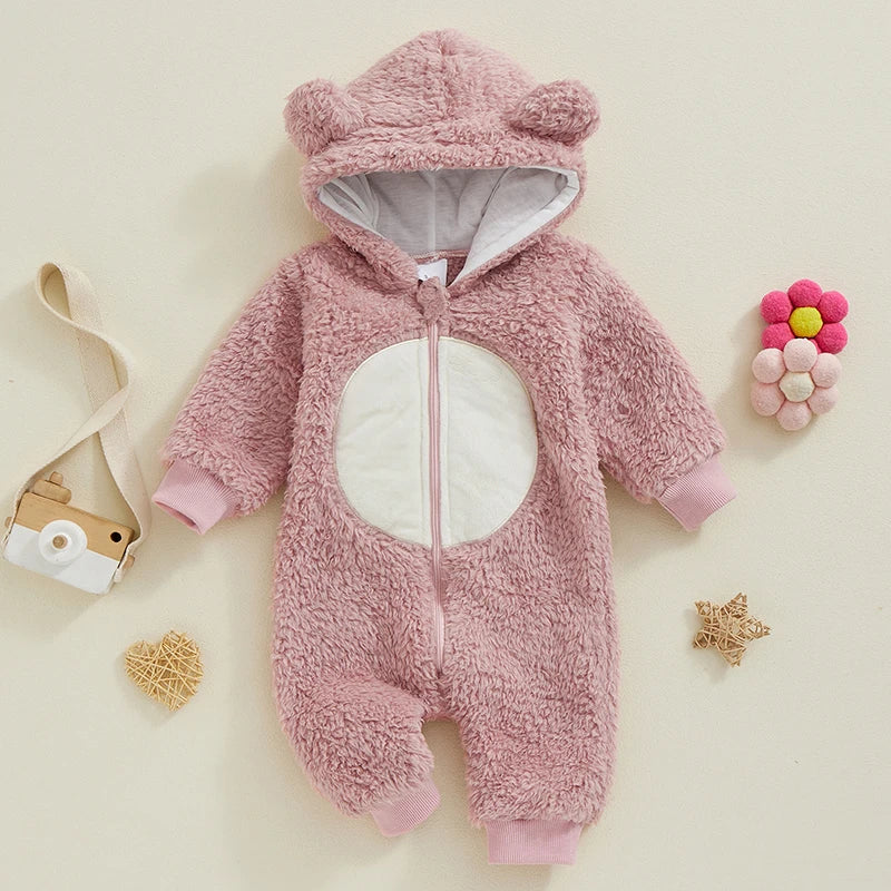 Cute Baby Boys Hooded Bear Romper with Ears and Tail Warm Fleece Jumpsuit for Infant Toddler Winter Outfit Fashion Wear