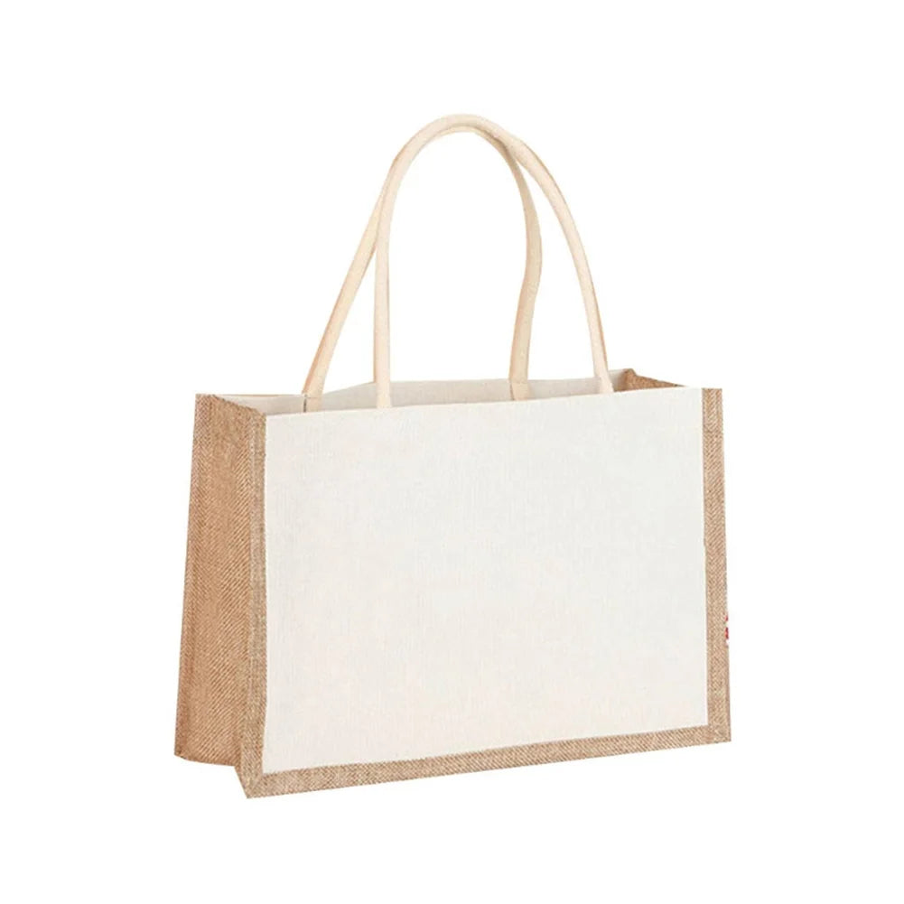 Women Burlap Jute Tote Bag Large Capacity Canvas Top-handle Jute Handbag Grocery Tote Handbag Casual Shopping Bag Gift Bag