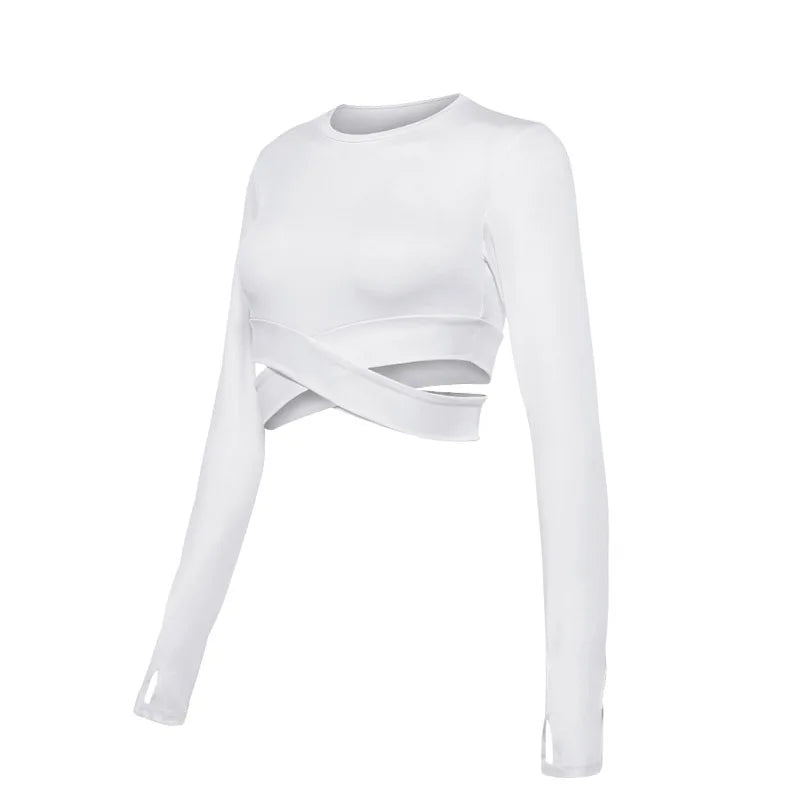 Crop Tops Women Yoga T-shirts Solid Sports Top Long Sleeve Running Shirts Sexy Exposed Navel Quick Dry Fitness Gym Sport Wear