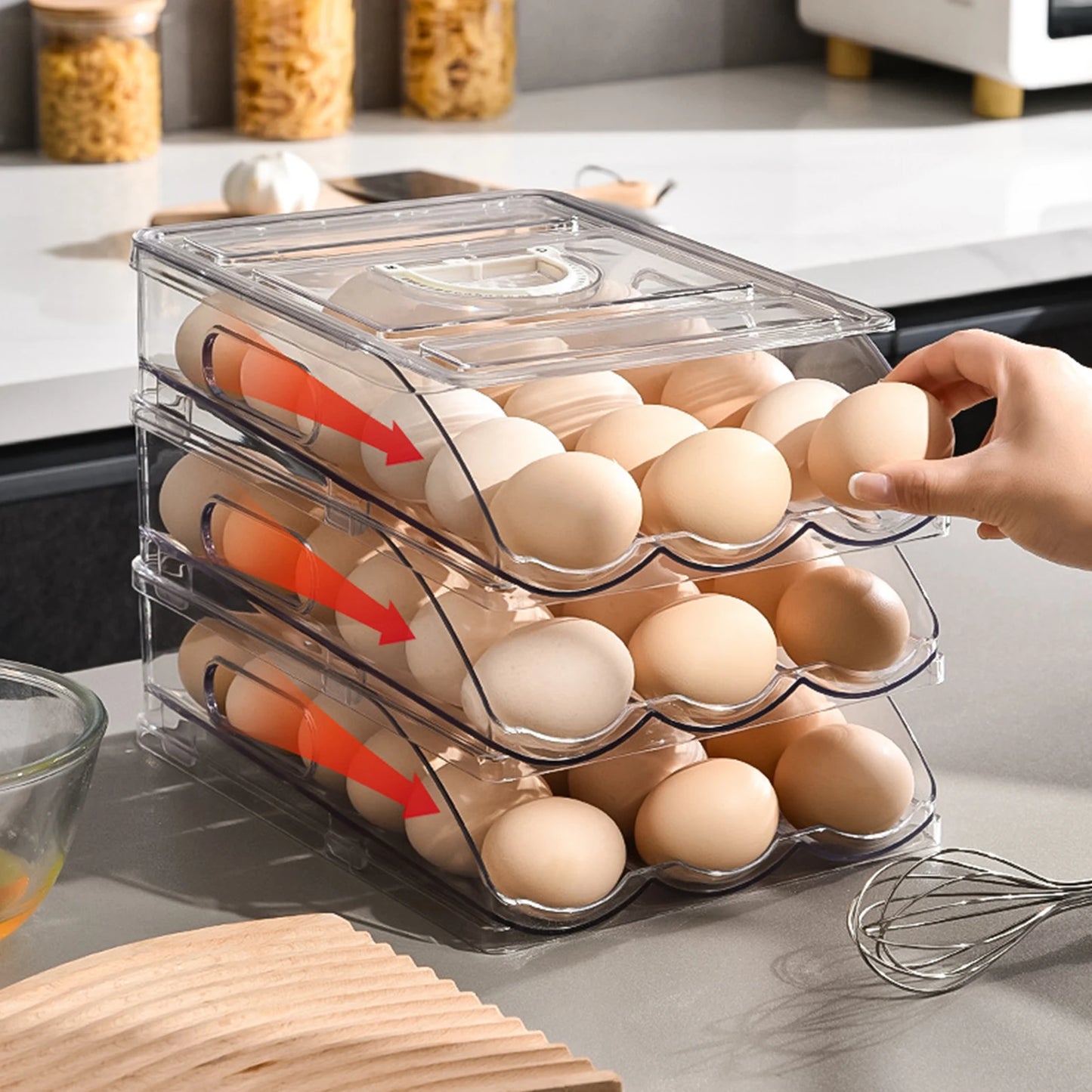 Automatic Rolling Egg Organizer Storage Box BPA-Free Non-Slip Design Easy to Clean Transparent Stackable Egg Dispenser