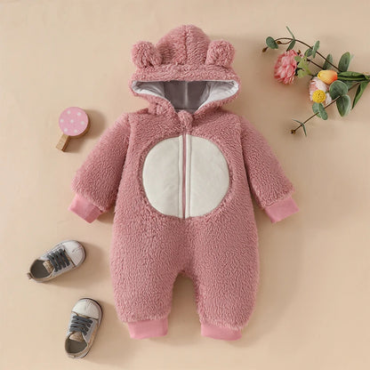 Cute Baby Boys Hooded Bear Romper with Ears and Tail Warm Fleece Jumpsuit for Infant Toddler Winter Outfit Fashion Wear