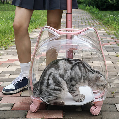 Cat Carrier with Wheels Transparent Pet Trolley Case Telescopic Rod Spacious Breathable Pet Trolley for Hiking Travel