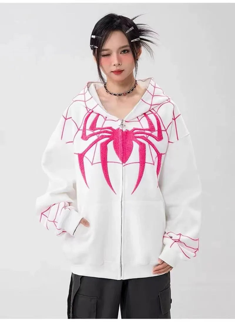 Gothic Y2K Spider Embroidery Hoodie