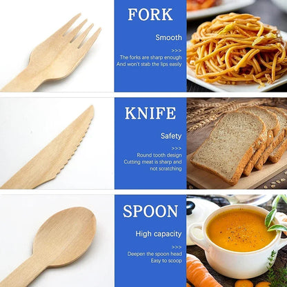 Disposable Dinnerware Set, 6-Inch Biodegradable Wooden Spoon Fork Knife, Utensils Set for Party